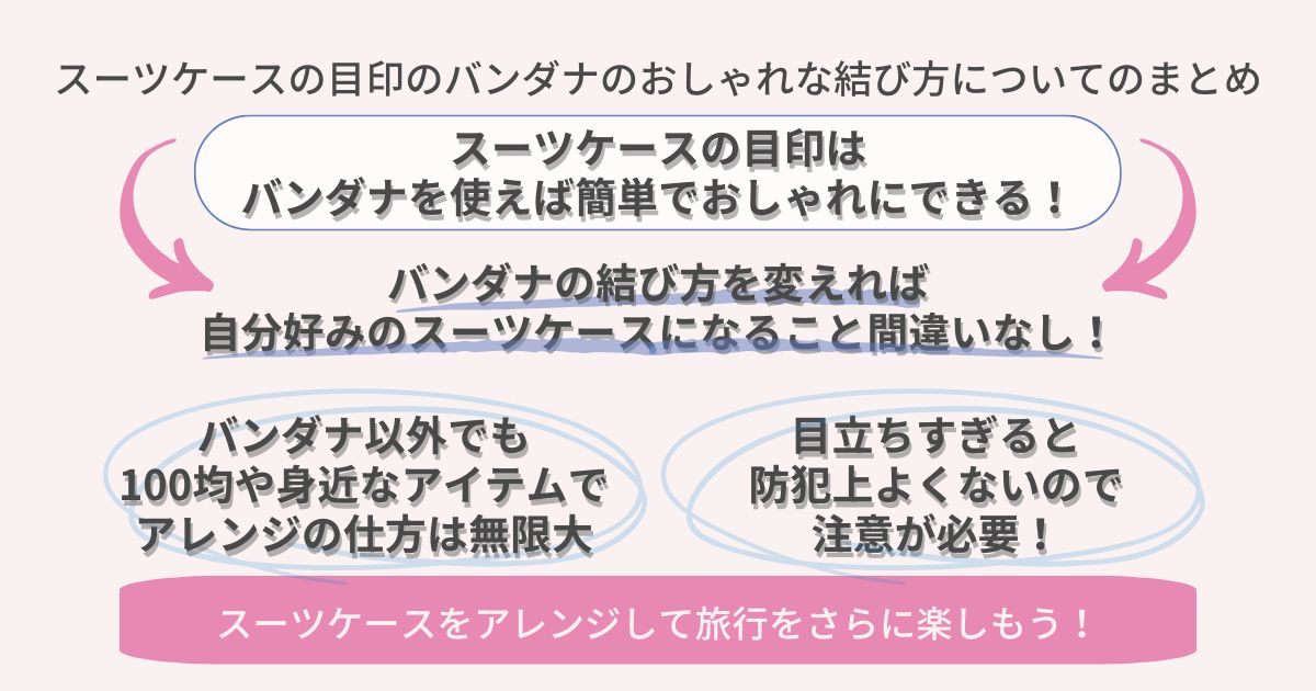 スーツケースの目印のバンダナのおしゃれな結び方についてのまとめの画像